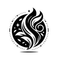 An ornate black and white circular emblem featuring stylized leaves, flowing lines, stars, and dots, set against a crisp white backdrop, with a sense of balance and grace. vector