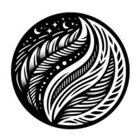 Elegant black and white circular with stylized feathers, celestial elements stars moons, and intricate patterns. vector
