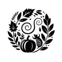 A charming autumnal featuring a stylized pumpkin, playful mouse, swirling tendrils, and intricate leaf arrangement, all contained within a circular frame. vector
