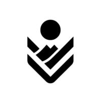 Minimalist Black Geometric Shape Resembling PersonFigure With Circular Head, and Mountains, in ShieldLike Emblem. vector