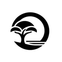 Stylized Black and White Tree Silhouette within a Circular Frame, Evoking Simplicity, Nature, and Balance, Against a White Background. vector