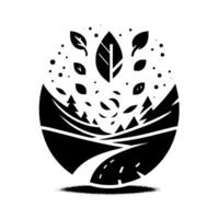 Stylized Black and White Nature Forest Scene with Road, Leafy Elements, and Organic Shape, Representing EcoFriendliness and Growth. vector