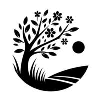 A Stylized Black and White Circular Landscape Featuring a Flowering Tree, Sun, and Rolling Hills. vector