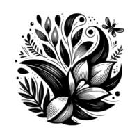 Elegant Black and White Floral Arrangement with a Butterfly, Featuring Detailed Leaf and Petal Patterns, on White. vector