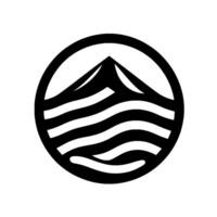 A stylized, black and white emblem within a circle, featuring a mountain peak above layered waves, evoking nature and minimalism. vector