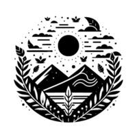 A circular black and white minimalist landscape featuring mountains, water, foliage, clouds, sun, and moon, creating a balanced, tranquil composition. vector