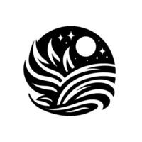 Stylized Circular Composition Black and White Landscape featuring Waves, Leaves, Moon, and Stars Decorative Minimalist . vector
