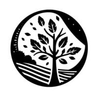 A stylized, black and white circular emblem featuring a tree with falling leaves, a field, a starry night sky and an adjacent time indicator, evoking growth and the passage of time. vector