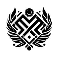 Abstract black and white geometric emblem with a central letterlike structure, framed by stylized laurel leaves. vector