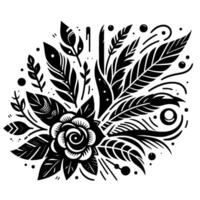 Intricate Black and White Floral Composition A stylized rose with surrounding leaves, feathers, and abstract elements, forming a symmetrical and decorative on a white background. vector