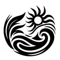 Abstract Polynesianinspired features a stylized sun and waves, black silhouette against a white background, creating a visual metaphor for natural elements. vector