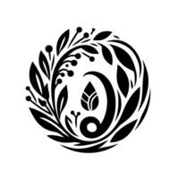 A stylized, monochromatic emblem featuring a central water drop motif with a leaf, framed by an organic wreath of leaves and berries. vector
