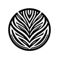 Abstract black and white circular featuring a central stylized leaf or featherlike pattern, reminiscent of zebra stripes, set against a clean white backdrop. vector