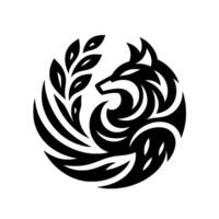 A stylized black wolf within a circle, intertwined with leaves, showcasing a minimalist tribal aesthetic on a stark white backdrop. vector