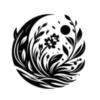Intricate black and white floral in a circular composition, featuring stylized leaves, blossoms, and a sun, creating a balanced and artistic illustration. vector