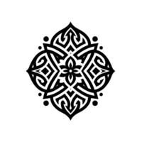 Symmetrical black and white floral arabesque with intricate line work, geometric patterns, and a central flower, set against a clean white background. vector