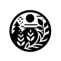 Black and white circular stylized nature scene, featuring a stylized tree, wheat, sun, and foliage, evoking a peaceful balance. vector