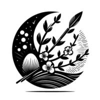 Black and white illustration of a crescent moon with stars, flowering branches and a feather, contained within a circle. vector