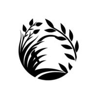 Elegant Black and White Botanical Circle, Featuring Various Leafy Plants and Grass, Minimalist . vector