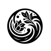 Elegant black and white circular featuring stylized lotus flower and foliage, evoking natures harmony and balance. vector