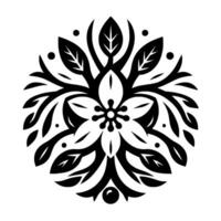 A symmetrical, black and white floral with a central flower, encircled by leaves and stylized branches, and small dot accents. vector