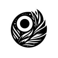 A Bold, Black and White Ornate Eye with a Feathered Wing Motif on a White Background, Showcasing Symmetry and Contrast. vector