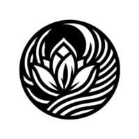 A stylized, monochrome illustration of a lotus flower within a circular frame, featuring abstract lines and a minimalist aesthetic, representing serenity and elegance. vector
