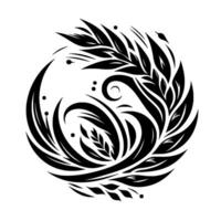 A stylized, symmetrical, black and white circular featuring flowing organic shapes reminiscent of leaves and swirling lines, evoking a sense of nature and elegance. vector
