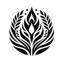 A stylized, black and white symmetrical featuring a central, flamelike element encircled by organic, leaflike forms and dotted accents. vector