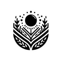Geometric Sun and Foliage Emblem A Monochromatic Illustration with Abstract Leaves, Branches, and Circular Sun. vector
