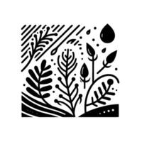 Abstract Black and White Botanical Composition Leaves, Buds, Rain, and a SeedLike Drop on a Minimalist White Background. vector