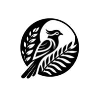 Black and White Stylized Bird A Decorative Silhouette of a Bird Perched on Branches Within a Circular Frame, Set Against White. vector