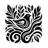 Elegant Black and White Illustration of a Bird Nestled Amidst Lush Foliage and Decorative Swirls. vector