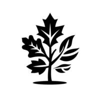 Stylized black and white illustration of an abstract tree with diverse leaf shapes oak, maple, others on a white background, representing growth and nature. vector