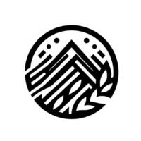 Geometric Black and White Mountain, Laurel Branch and Symbolic Circular with Striped Elements and Dots, Minimalist. vector