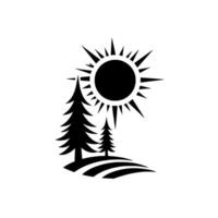 Minimalist Black White Silhouette Sun Shining Over Evergreen Trees on a Rolling Hill, Clean and Stark Composition. vector