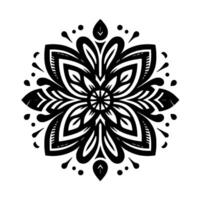 Intricate, symmetrical black and white floral mandala pattern with leaf details and dot accents, isolated on a white background. vector