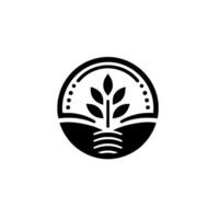 Minimalist Black and White Emblem A stylized plant with leaves and roots enclosed within a circular frame, evoking natures simplicity. vector