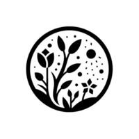 Black and white floral illustration within a circular frame, featuring flowers, leaves, a sun, and dots, conveying natures simplicity. vector