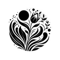 Intricate black and white floral , a stylized tulip and leaf arrangement, circles, and abstract elements, enclosed within a circular frame. vector