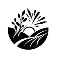 A stylized black and white illustration of a landscape featuring a tree, sun, rolling hills, and radiating lines enclosed within an oval. vector