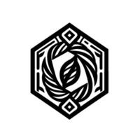 Black and White Hexagonal with a Circular of Leaves and Geometric Elements on a White Background. vector