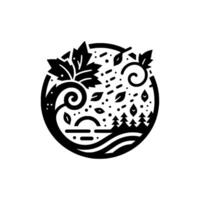 Stylized Black and White Round Composition Depicting Nature, Including Trees, Leaves, Water, and a Decorative Swirl within a Circle. vector