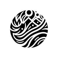 A circular black and white abstract featuring organic lines, geometric shapes, and dot accents, creating a visual of a stylized planet. vector