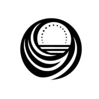 Abstract Black and White SunriseSunset in Circular Frame with Waves and Dotted Arc Symbol vector