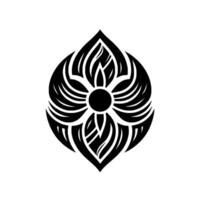 A symmetrical black floral motif, resembling a stylized flower or mandala, with layered petallike elements against a stark white background. vector