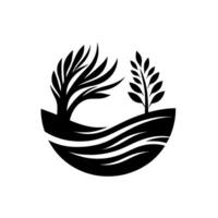 Minimalist Black and White Two Stylized Trees on Wavy Landscape, Symbolic of Nature, Growth, and Harmony. vector