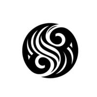 A symmetrical, black and white tribalinspired circular featuring stylized swirling lines and a subtle drop shadow, evoking balance and harmony. vector