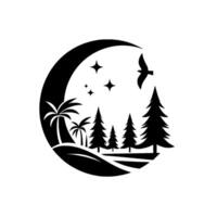 A Black and White Nature Silhouette Moon, Palm Trees, Conifers, Bird, and Stars within a Circular Composition. vector
