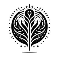 A symmetrical black and white ornamental featuring a central floral element encased in a dotted circle, radiating stylized leaves and patterns. vector